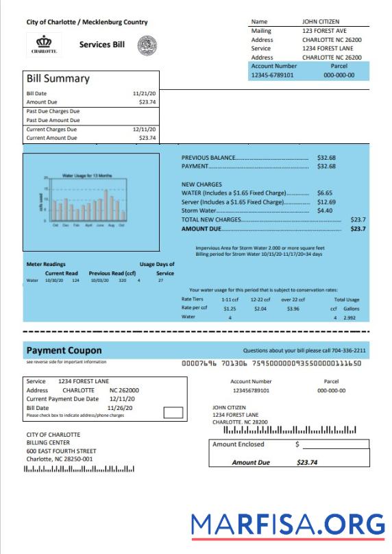 Printable USA North Carolina City of Charlotte water utility bill template in Word and PDF format